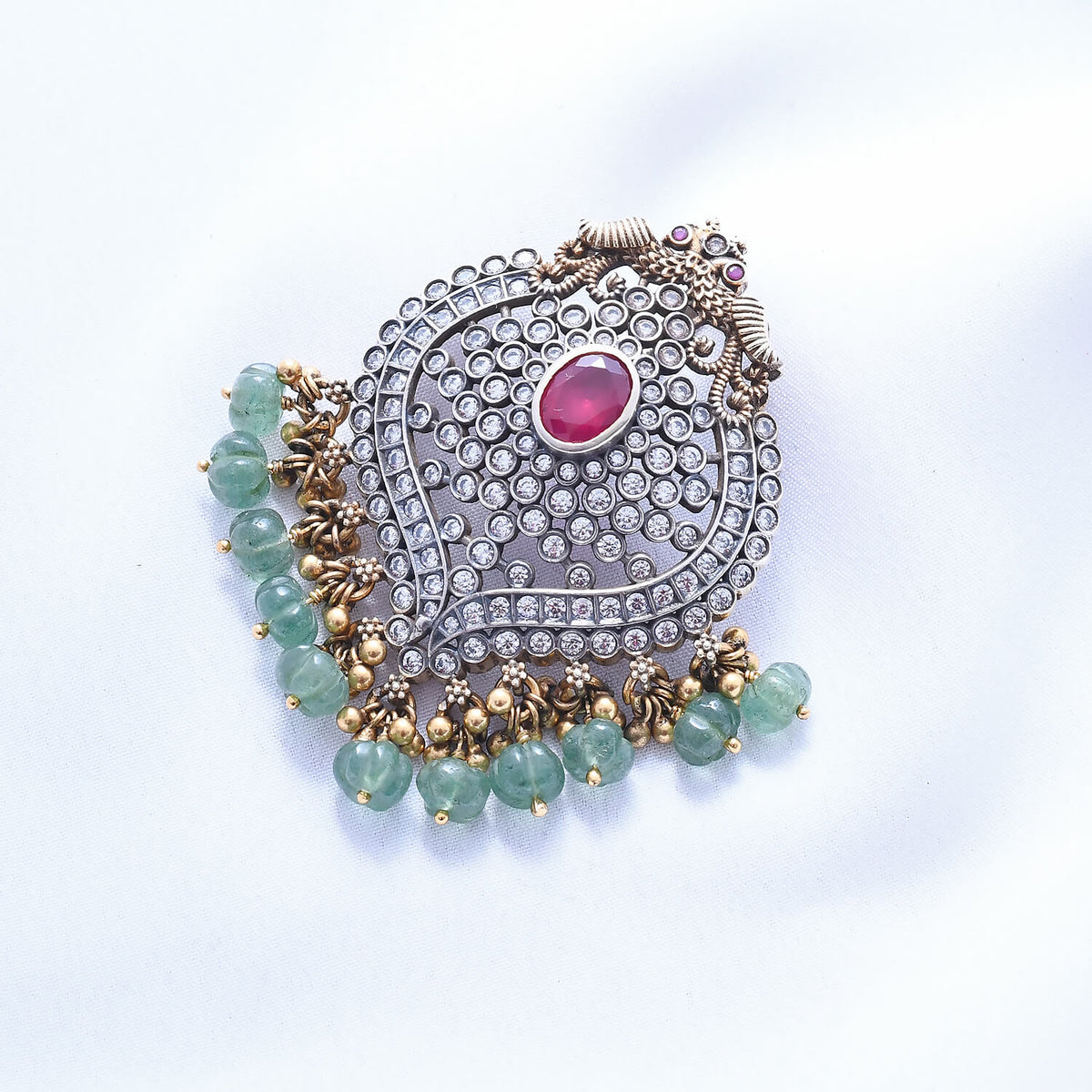 Silver gold plated pendant with semi precious stones with green beads (SAP114-2233)